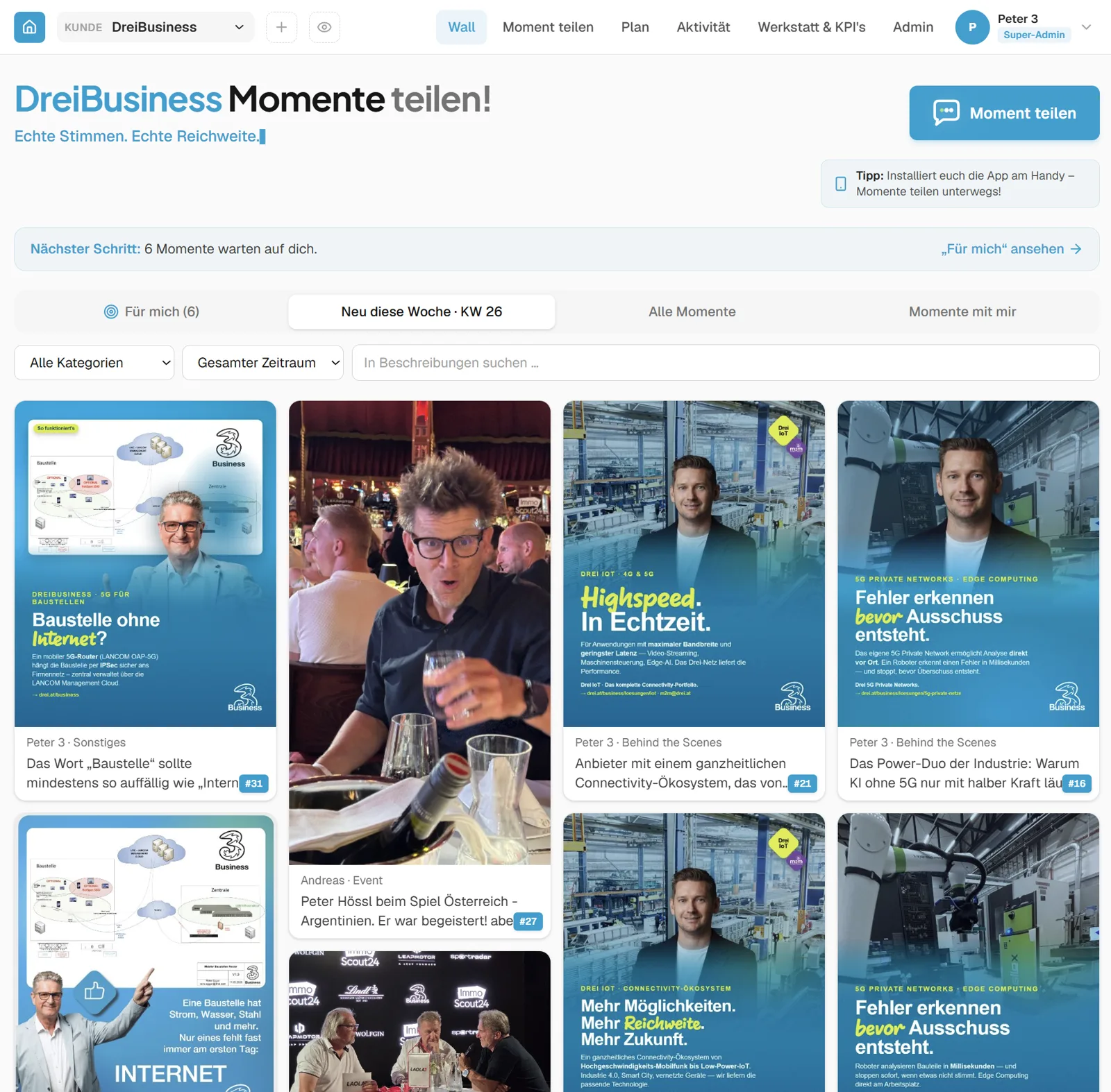 WerkMomente bei Drei Österreich live im Einsatz – Wall mit Moment-Pool und Personen-Zuweisung